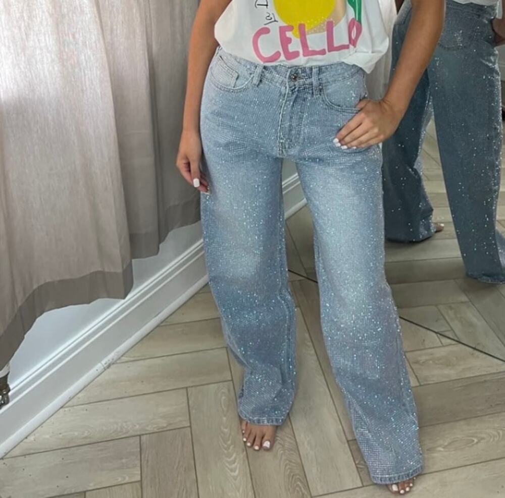 NWT Monday Custom Made Rainbow Swarovski Crystal Light Blue Denim Size Large